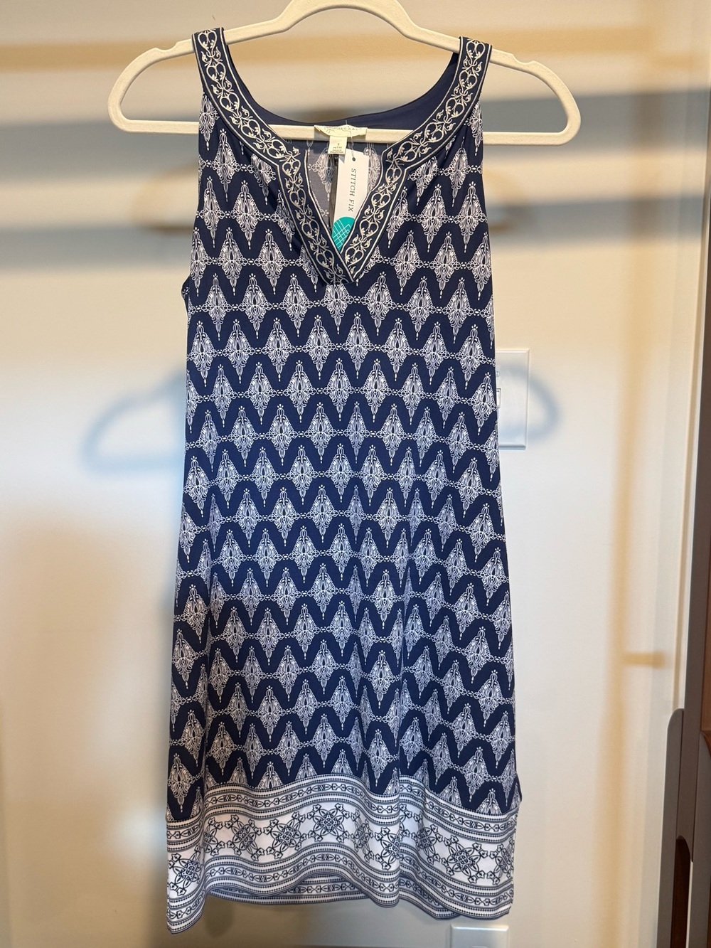 NWT Magnolia Grace Alhambra Blue Embroidered Knit Dress Petite S